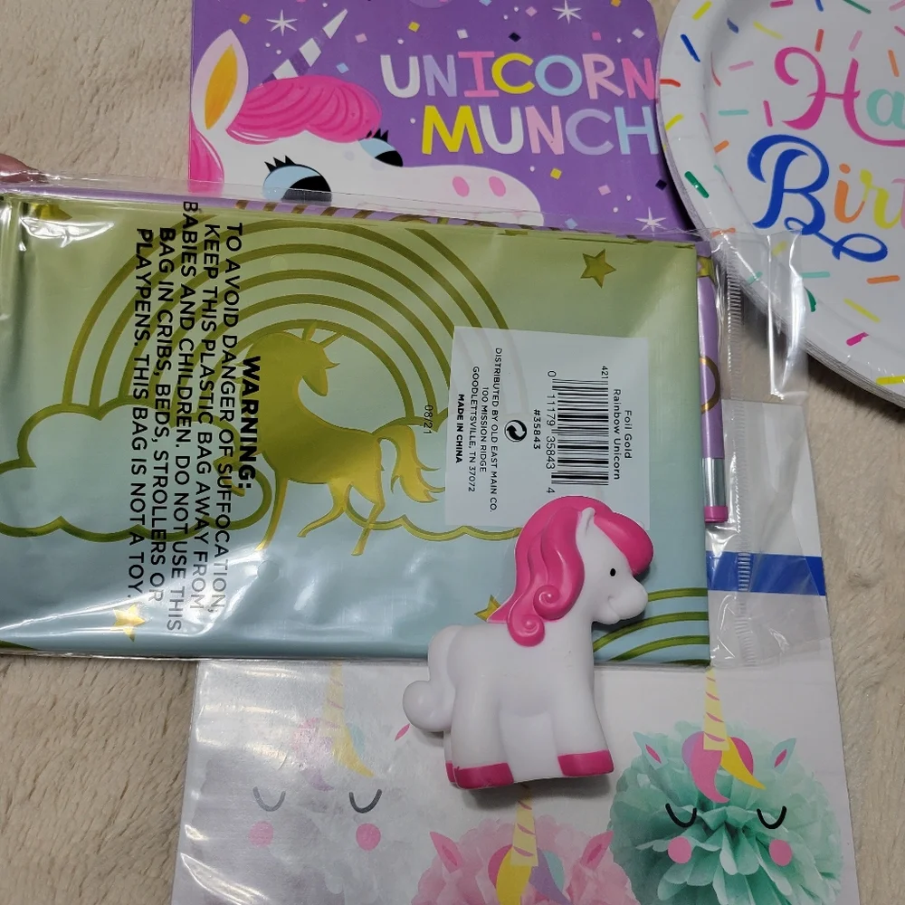Unicorn Party Set Decorations w cake Topper, birthday plates and more Bonus Book